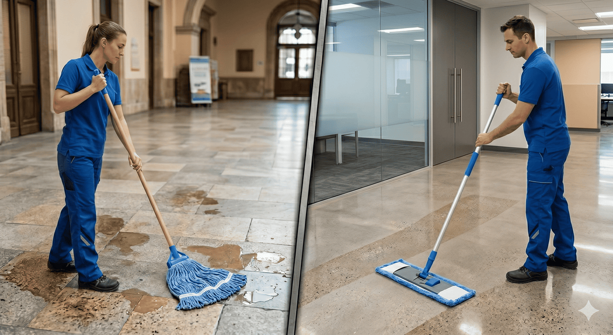 Mopa Flat vs. Lampazo Tradicional: ¿Cuál necesita tu empresa y cuándo usarlo?