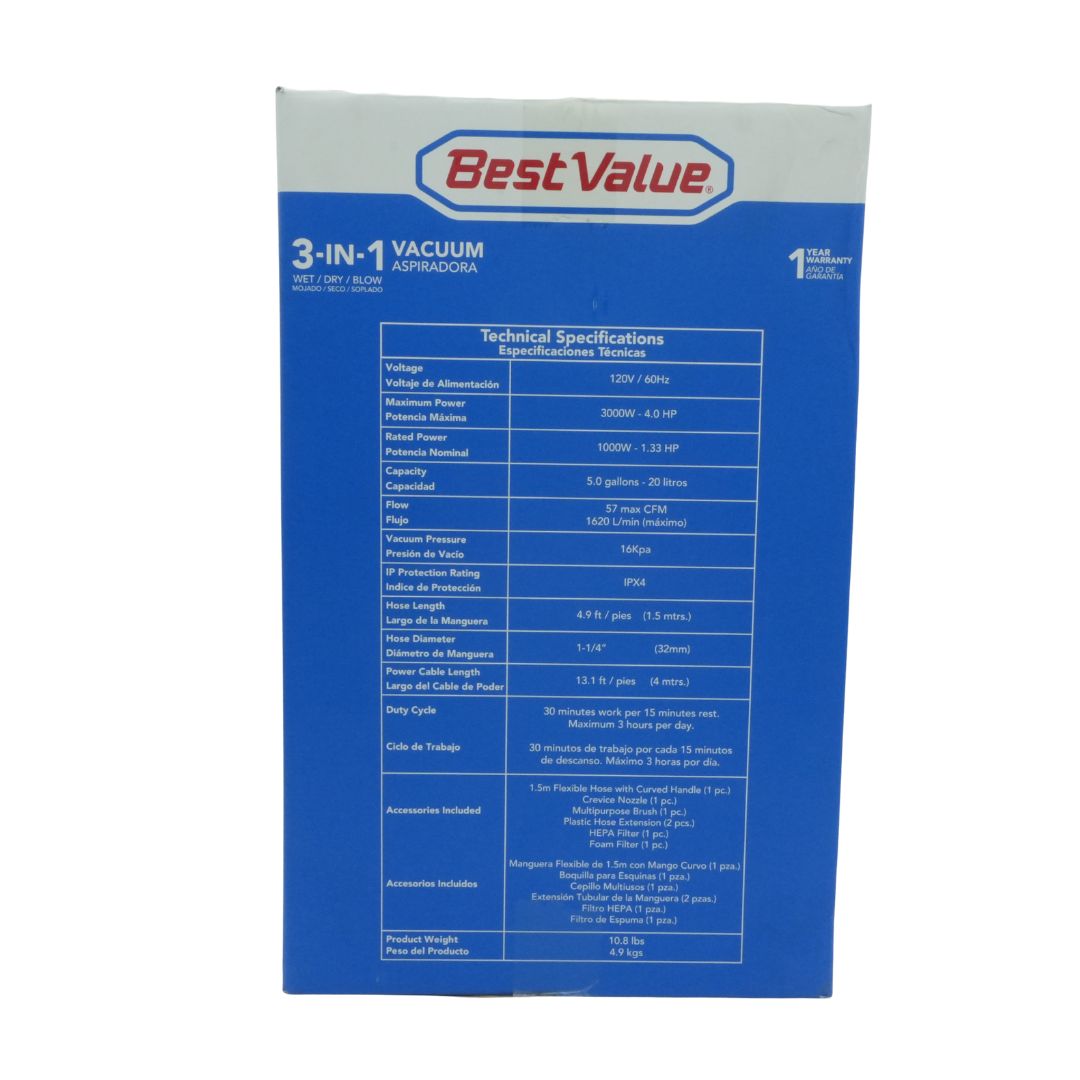 Aspiradora 3en1 - 4.0hp - 20Litros Aspira Agua y Polvo - Bestvalue