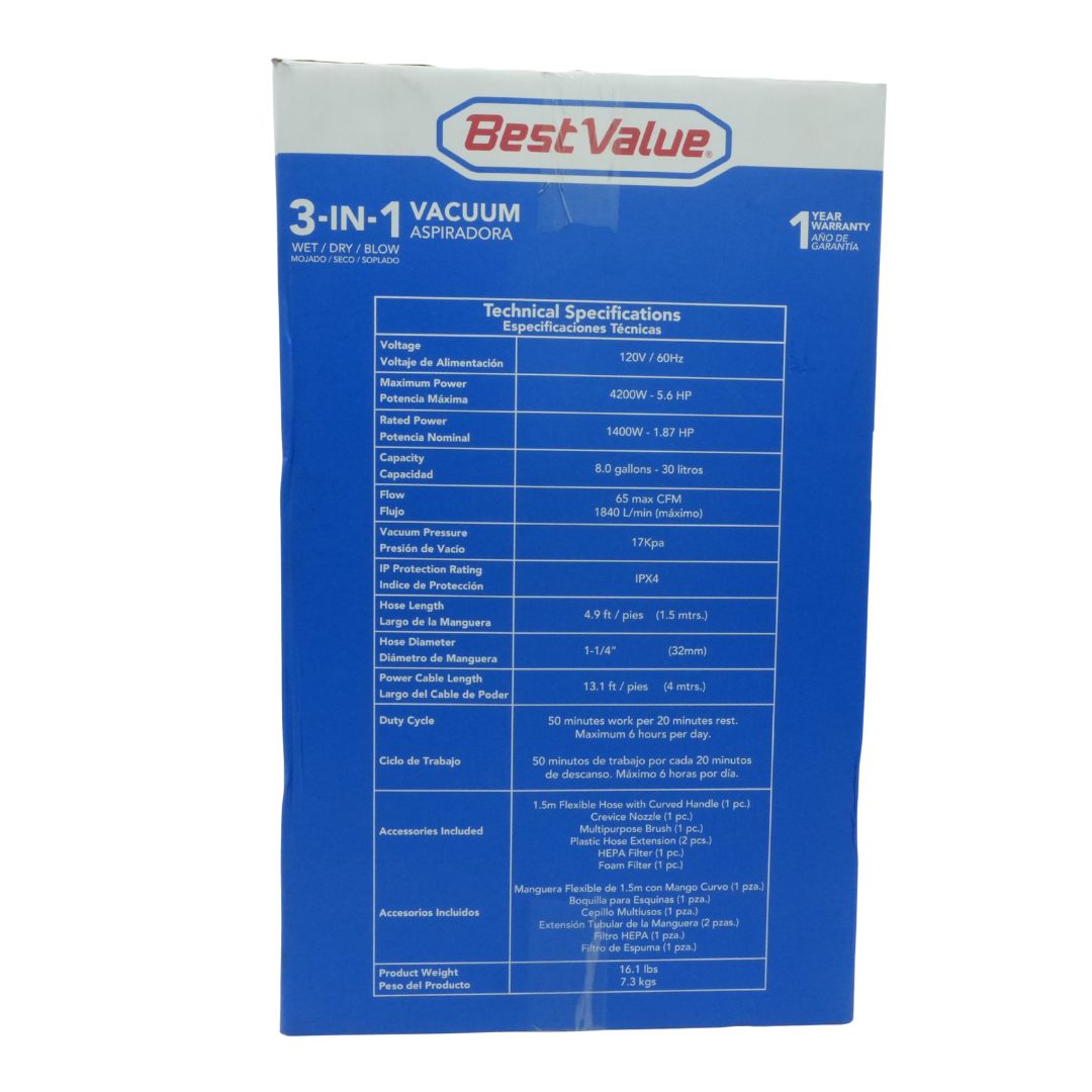 Aspiradora 3en1 - Acero Inoxidable Aspira Agua y Polvo - 5.6hp - 30Litros - Bestvalue