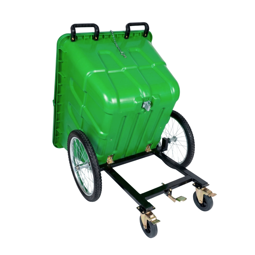 Contenedor de basura verde 400 L con estructura metálica y ruedas grandes