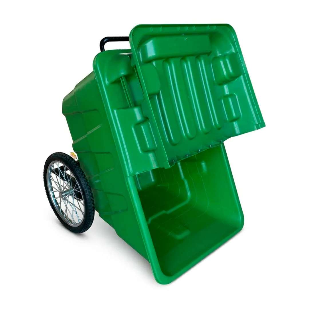 Contenedor para basura verde 400 L  (115 galones) con tapa abatible y ruedas grandes, vista lateral