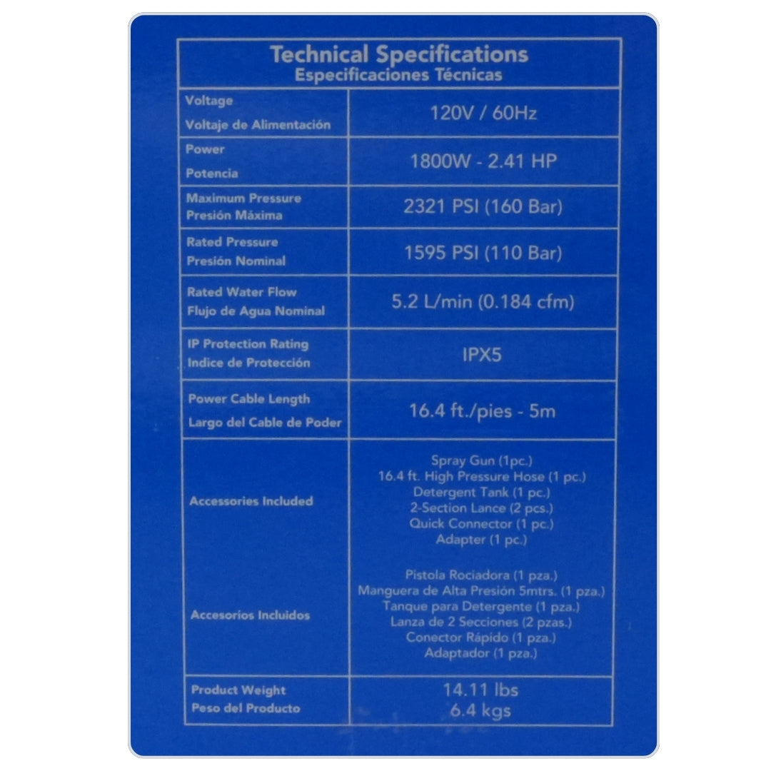 Hidrolavadora 2321psi - 1800wts de Potencia - Bestvalue
